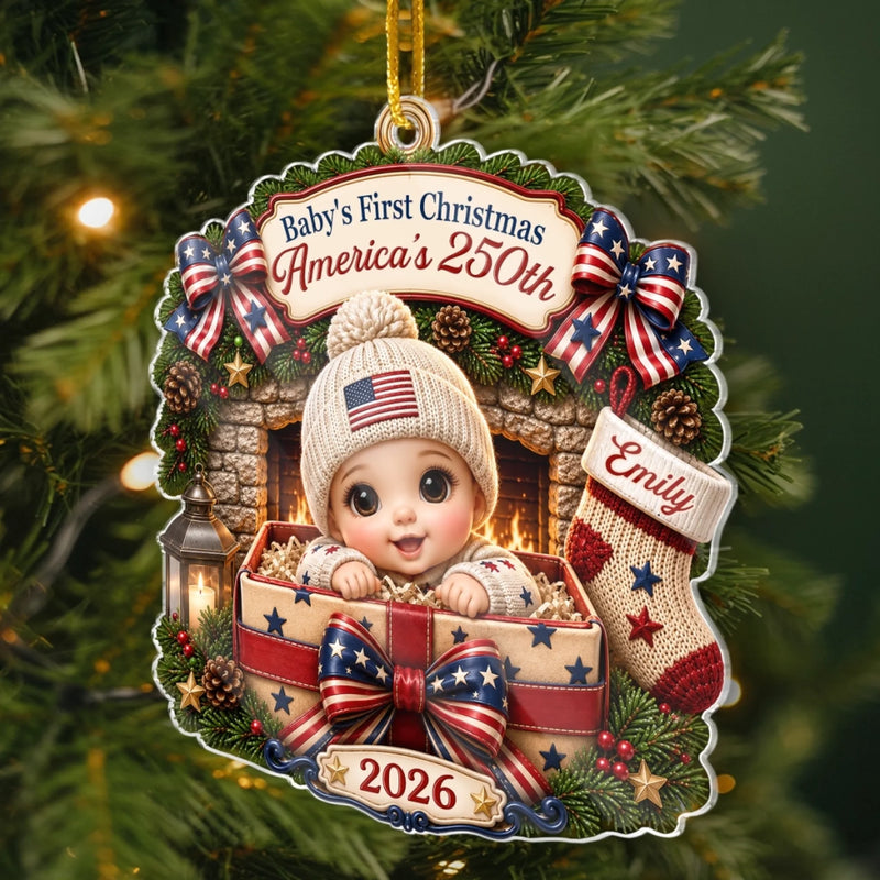 Custom First Christmas Acrylic Ornament - Personalized America 250th Anniversary Christmas Gifts For New Moms, New Dads, New Parents - A New Star Is Born