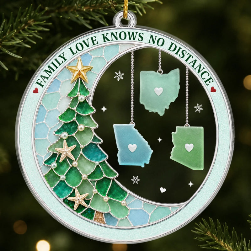 Custom Long Distance Acrylic Ornament - Personalized Christmas Birthday Gifts For Mom, Dad, Brother, Sister - Connected By Heart Never Apart