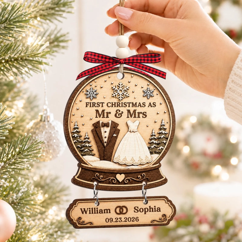 Custom First Christmas Wooden Ornament With Tag - Personalized Anniversary Christmas Wedding Gifts For Husband And Wife, Him And Her - Our Forever Starts Here