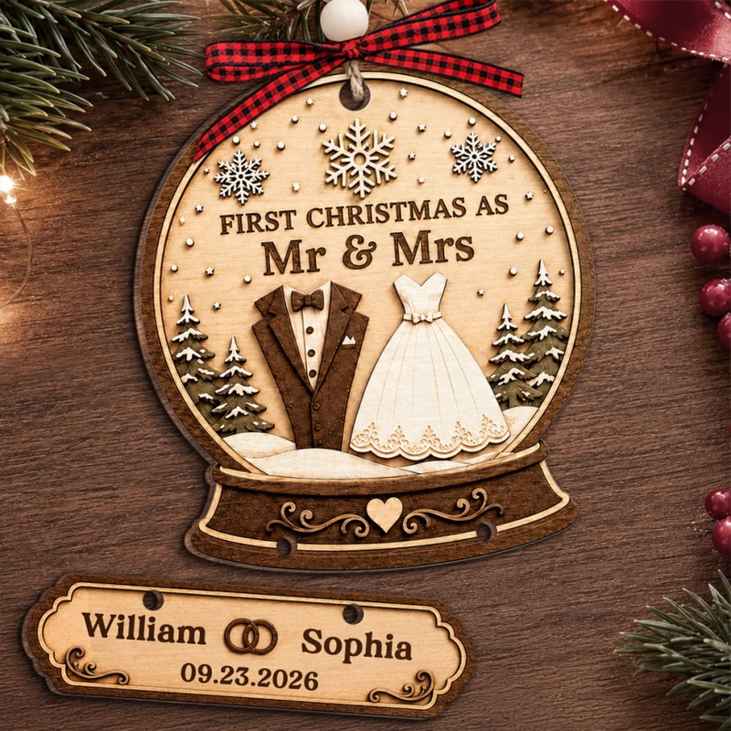 Custom First Christmas Wooden Ornament With Tag - Personalized Anniversary Christmas Wedding Gifts For Husband And Wife, Him And Her - Our Forever Starts Here