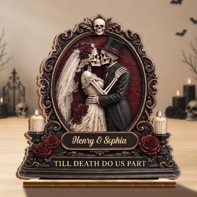 Custom Skeleton 2-Layered Wooden Plaque - Personalized Halloween Decor, Anniversary Wedding Gifts For Husband And Wife, Him And Her - Gothic Romance Written In Bones