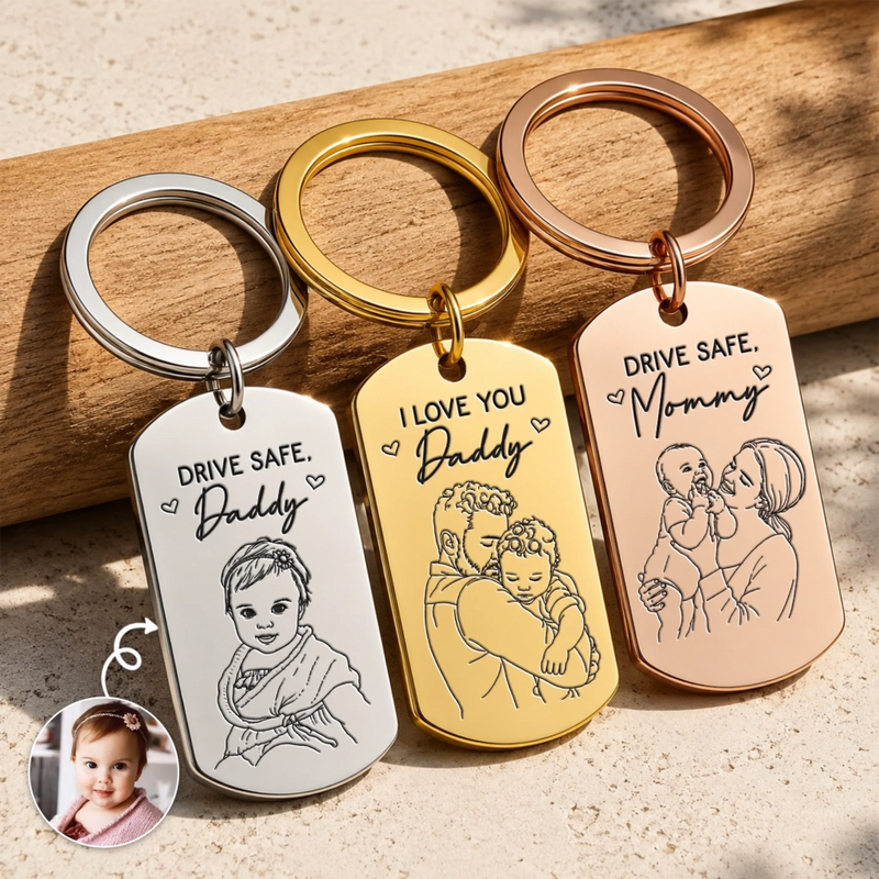 Custom Photo Engraved Keyring - Personalized Birthday Gifts For Mom, Dad - Safe Travels Always