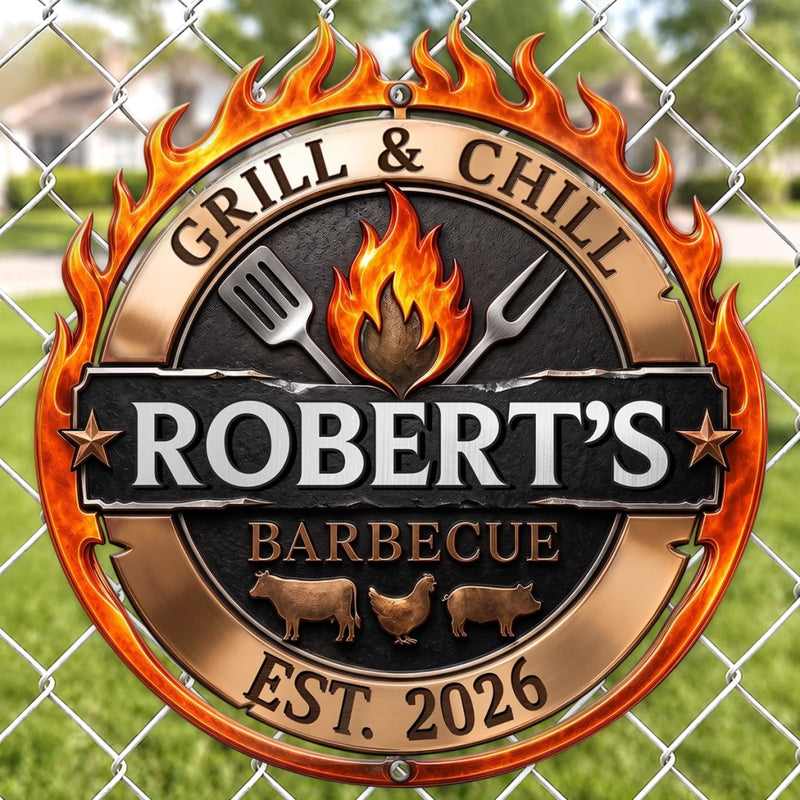 Custom BBQ Shaped Metal Sign - Personalized Grilling Gifts For BBQ Lovers, Husband, Son, Grandson, Brother, Grandpa, Dad, Yourself - Grill And Chill