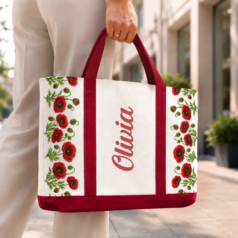 Custom Canvas Tote Bag - Personalized Birthday Gifts For Wife, Daughter, Besties, Sisters, Granddaughter, Grandma, Mom, Yourself - Blooms And Butterflies In Hands