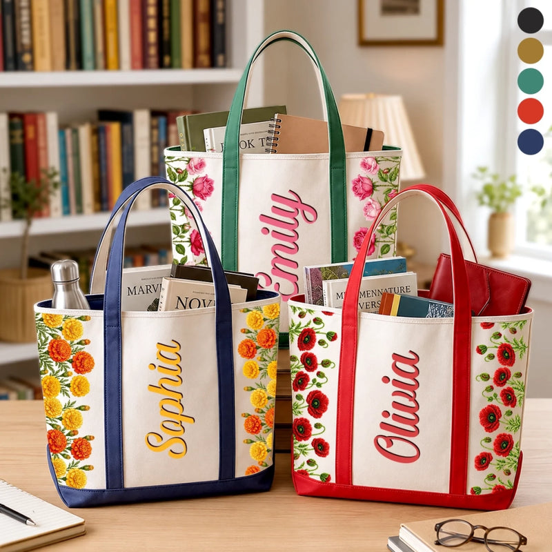 Custom Canvas Tote Bag - Personalized Birthday Gifts For Wife, Daughter, Besties, Sisters, Granddaughter, Grandma, Mom, Yourself - Blooms And Butterflies In Hands