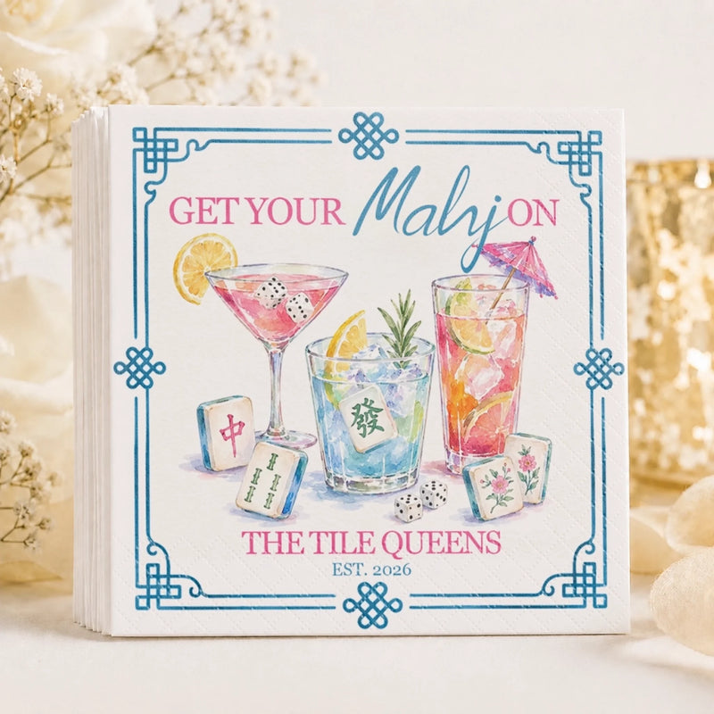 Custom Mahjong Cocktail Napkins - Personalized Birthday Gifts For Mahjong Players, Mom, Dad, Brother, Sister - Good Drinks And Lucky Tiles