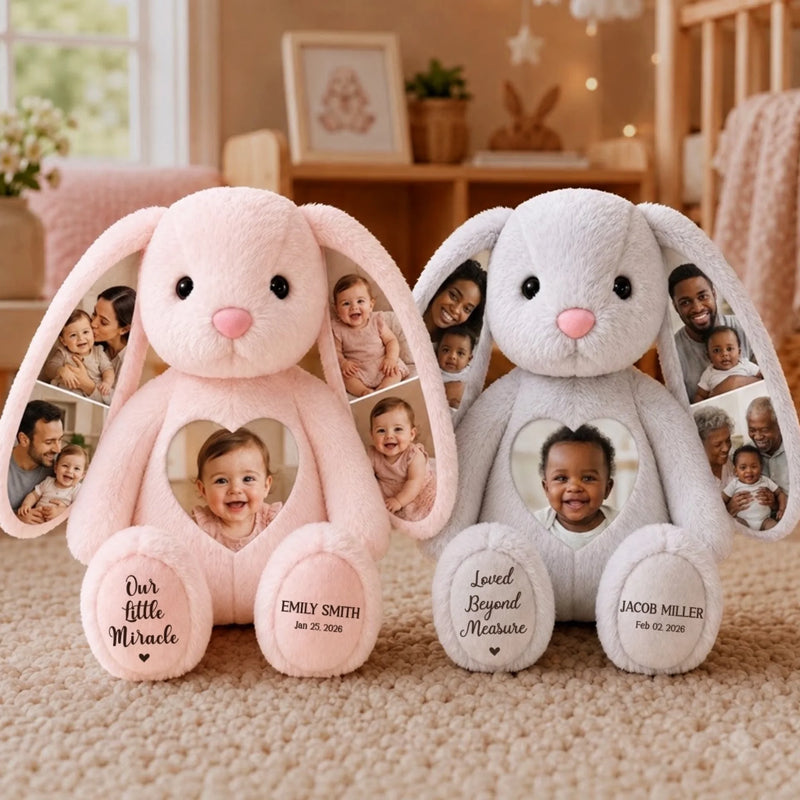 Custom Photo Heart Bunny Plush - Personalized Baby Shower, Gender Reveal Gifts For New Moms, New Dads, New Parents - Our Little Miracle