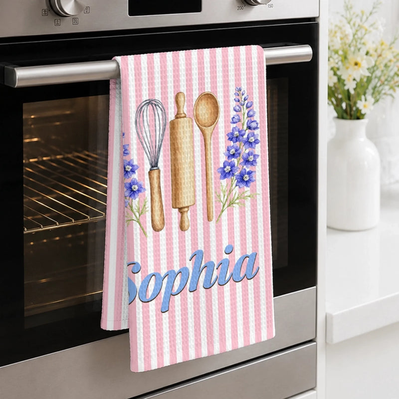 Custom Kitchen Towel - Personalized Birthday Gifts For Wife, Daughter, Besties, Sisters, Granddaughter, Grandma, Mom, Yourself - Cooking With Love And Flowers