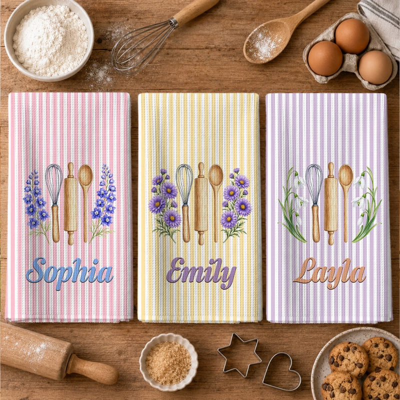 Custom Kitchen Towel - Personalized Birthday Gifts For Wife, Daughter, Besties, Sisters, Granddaughter, Grandma, Mom, Yourself - Cooking With Love And Flowers