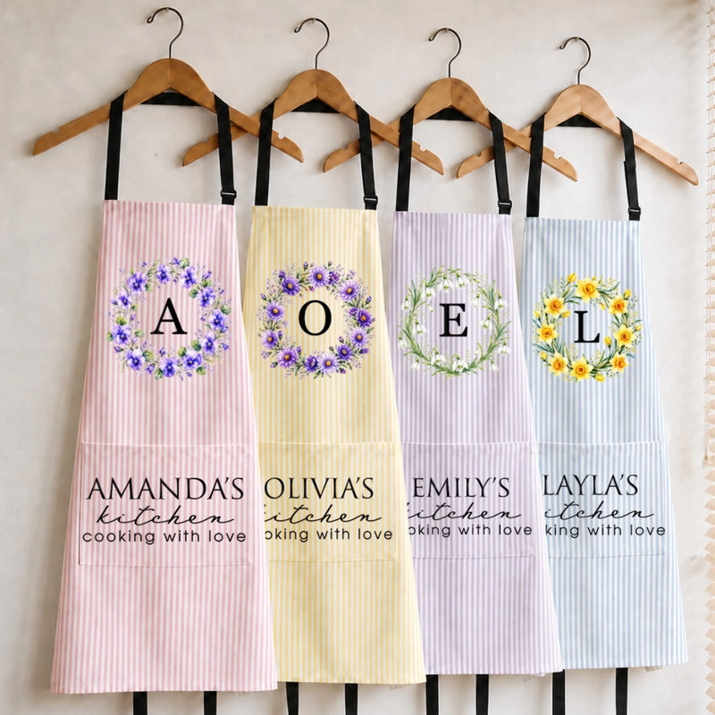 Custom Apron With Pocket - Personalized Birthday Gifts For Wife, Daughter, Besties, Sisters, Granddaughter, Grandma, Mom, Yourself - Flavors Cooked With Birth Flowers