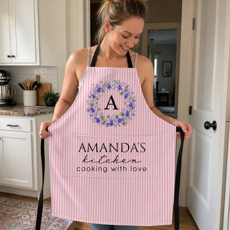 Custom Apron With Pocket - Personalized Birthday Gifts For Wife, Daughter, Besties, Sisters, Granddaughter, Grandma, Mom, Yourself - Flavors Cooked With Birth Flowers