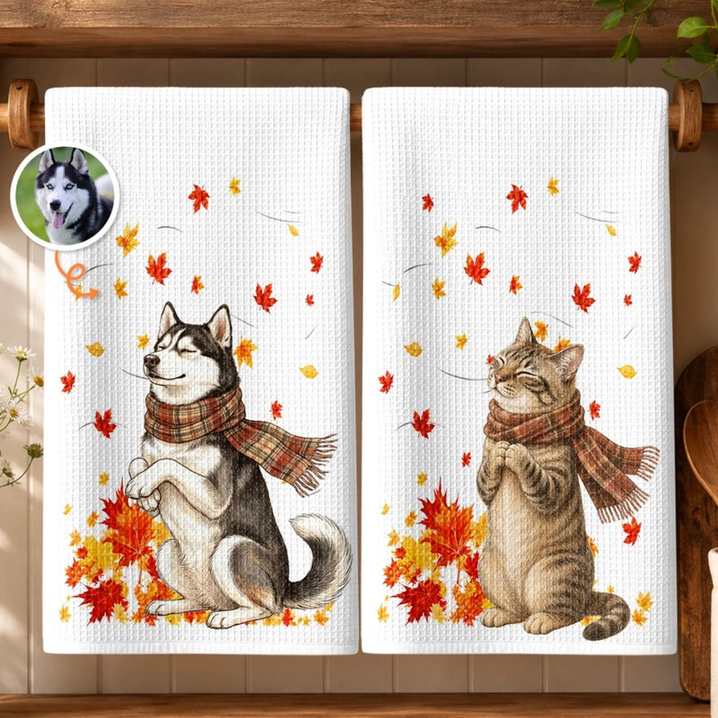 Custom Photo Kitchen Towel - Personalized Birthday Gifts For Dog Cat Lovers, Dog Dad And Mom, Cat Owners - Fall Days Furry Friends