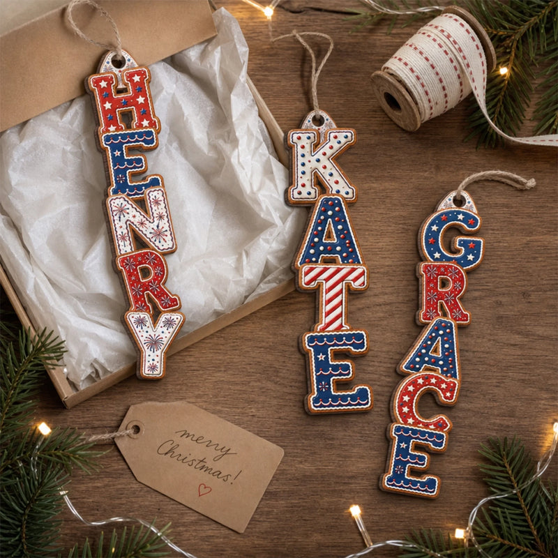 Custom Letter Wooden Ornament - Personalized America 250th Anniversary Christmas Gifts For Mom, Dad, Brother, Sister - Patriotic Pride On The Tree