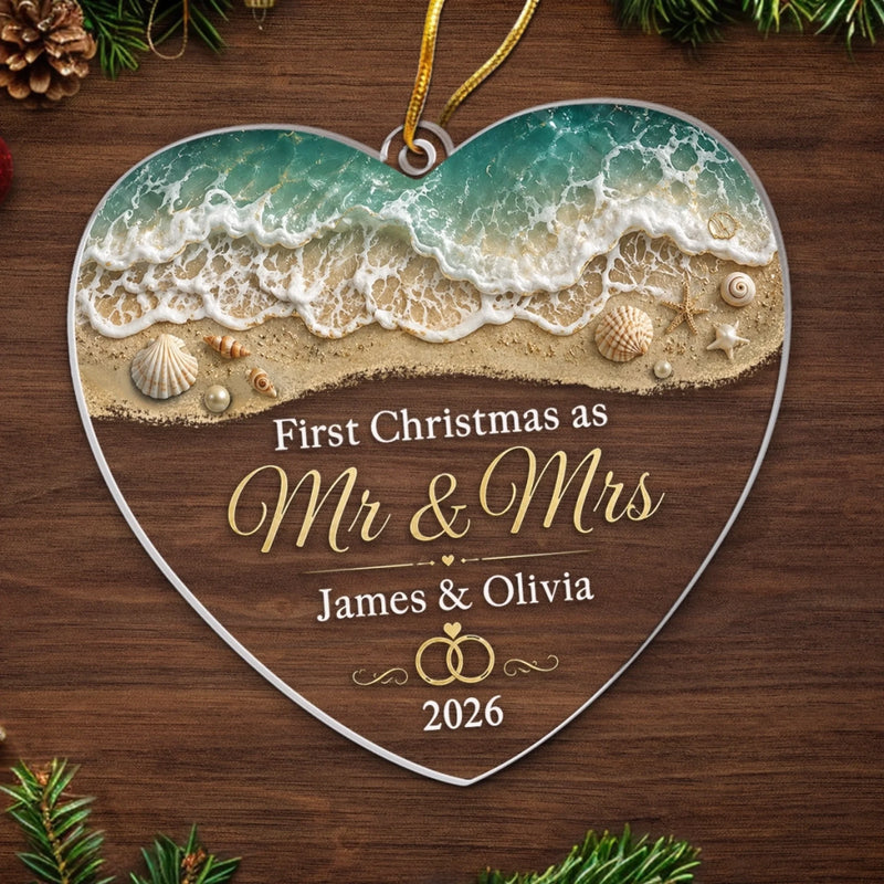 Custom First Christmas Acrylic Ornament - Personalized Anniversary Christmas Wedding Gifts For Husband And Wife, Him And Her - Our Waves Of Love Forevermore