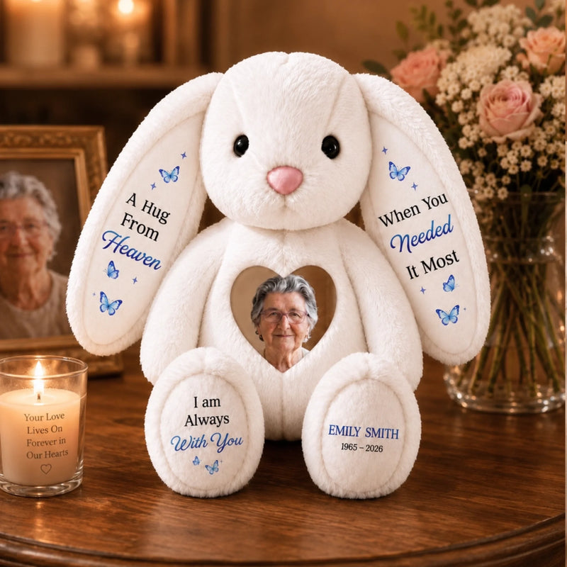 Custom Photo Heart Bunny Plush - Personalized  Memorial Sympathy Gifts For Loss Of Mom, Dad - Forever Remembered With Love