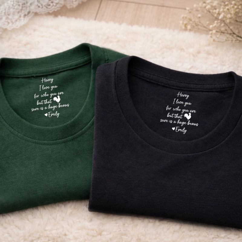 Custom Inside Neck Print T-Shirt - Personalized Anniversary Wedding Gifts For Husband And Wife, Him And Her - Two Hearts One Home
