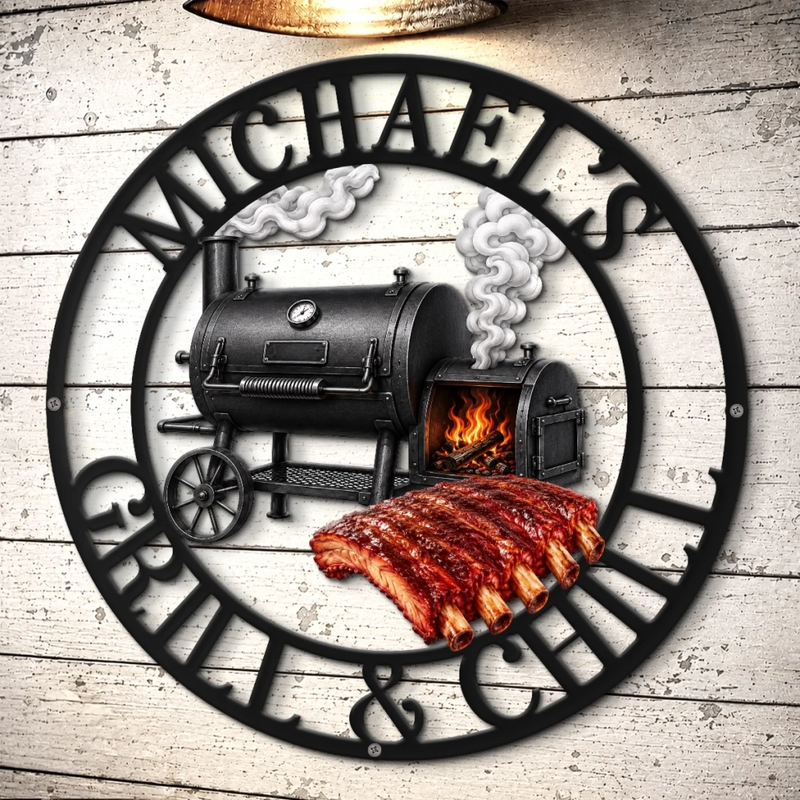 Custom BBQ Shaped Metal Sign - Personalized Grilling Gifts For BBQ Lovers, Husband, Son, Grandson, Brother, Grandpa, Dad, Yourself - Smoke Fire Good Times