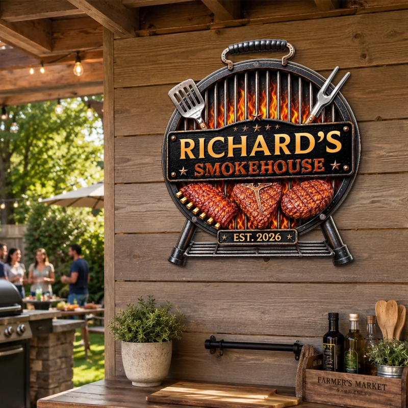 Custom BBQ Shaped Metal Sign - Personalized Grilling Gifts For BBQ Lovers, Husband, Son, Grandson, Brother, Grandpa, Dad, Yourself - Grill Chill Repeat