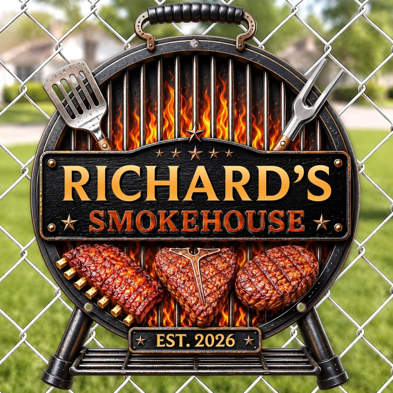 Custom BBQ Shaped Metal Sign - Personalized Grilling Gifts For BBQ Lovers, Husband, Son, Grandson, Brother, Grandpa, Dad, Yourself - Grill Chill Repeat