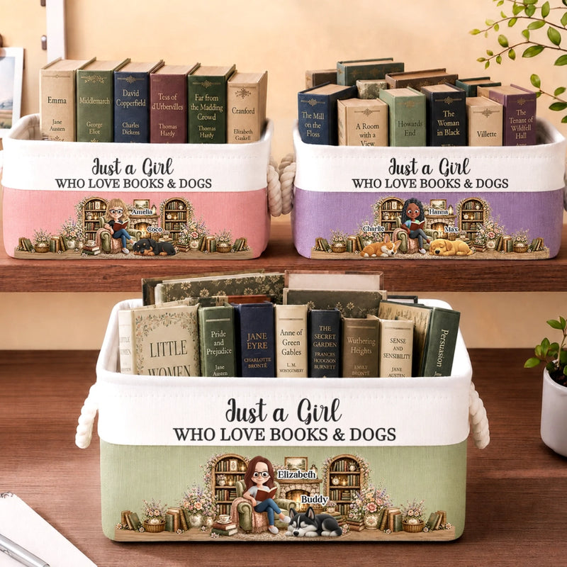 Custom Storage Basket - Personalized Bookish Gifts For Book Lovers, Bookworms, Dog Lovers, Dog Mom - Surrounded By Books & Dogs