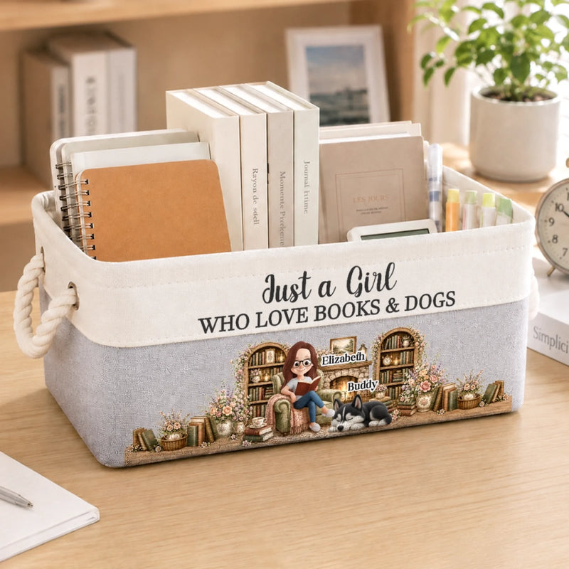 Custom Storage Basket - Personalized Bookish Gifts For Book Lovers, Bookworms, Dog Lovers, Dog Mom - Surrounded By Books & Dogs
