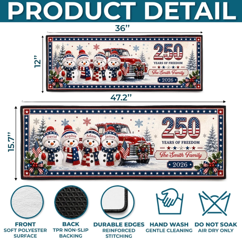 Custom Snowman Runner Rug - Personalized America 250th Anniversary Christmas Gifts For Mom, Dad, Brother, Sister - Festive Patriotic Red Truck Magic