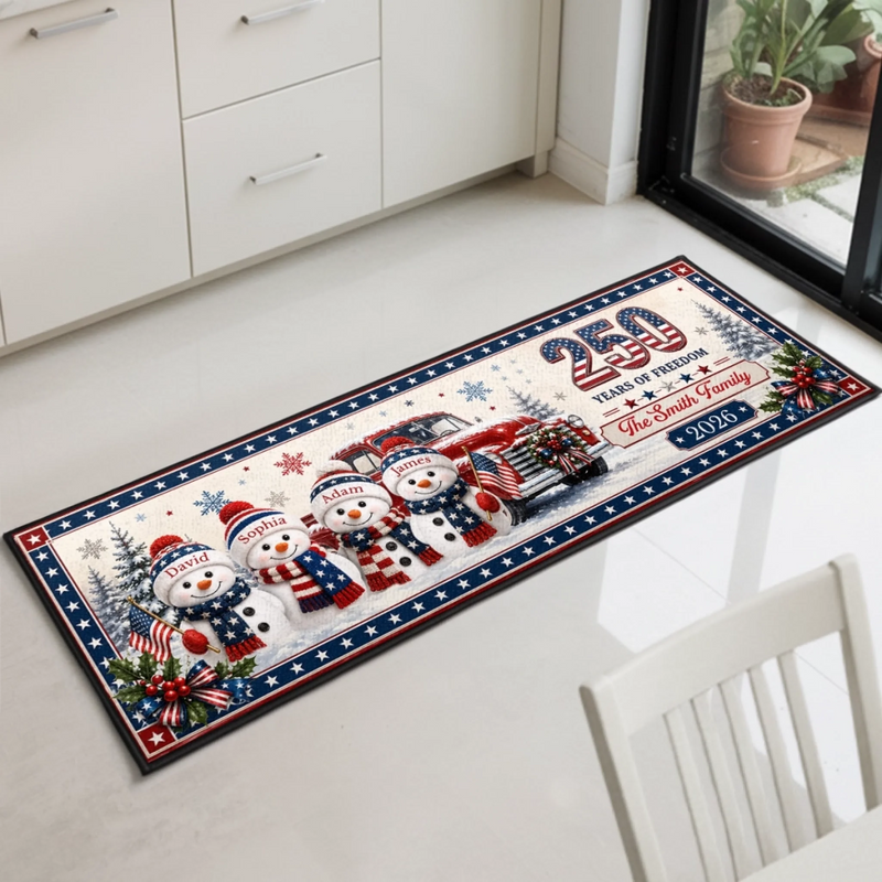 Custom Snowman Runner Rug - Personalized America 250th Anniversary Christmas Gifts For Mom, Dad, Brother, Sister - Festive Patriotic Red Truck Magic