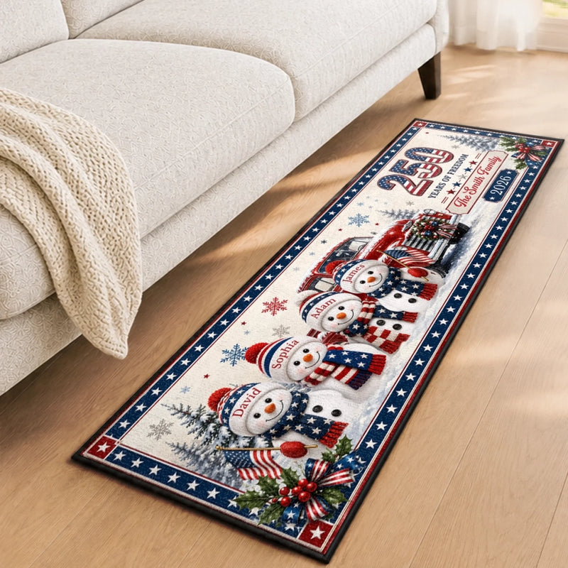 Custom Snowman Runner Rug - Personalized America 250th Anniversary Christmas Gifts For Mom, Dad, Brother, Sister - Festive Patriotic Red Truck Magic