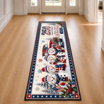 Custom Snowman Runner Rug - Personalized America 250th Anniversary Christmas Gifts For Mom, Dad, Brother, Sister - Festive Patriotic Red Truck Magic