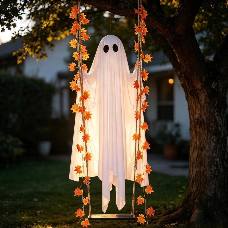 Hanging Ghost With A Maple Leaf - Halloween Decor Birthday Gifts For Mom, Dad, Brother, Sister - Ghostly Autumn Glow