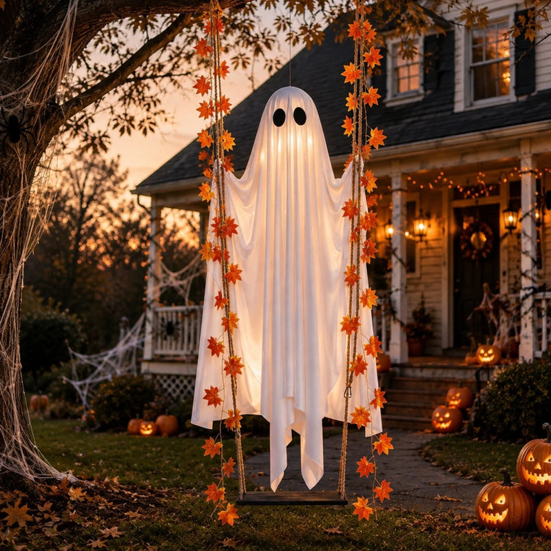 Hanging Ghost With A Maple Leaf - Halloween Decor Birthday Gifts For Mom, Dad, Brother, Sister - Ghostly Autumn Glow
