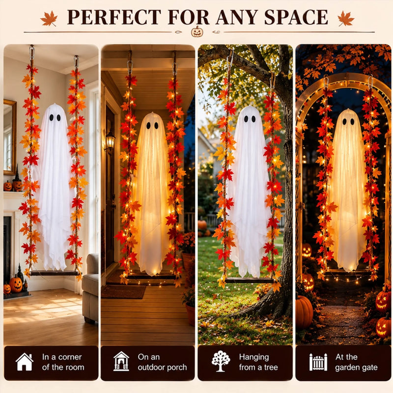 Hanging Ghost With A Maple Leaf - Halloween Decor Birthday Gifts For Mom, Dad, Brother, Sister - Ghostly Autumn Glow
