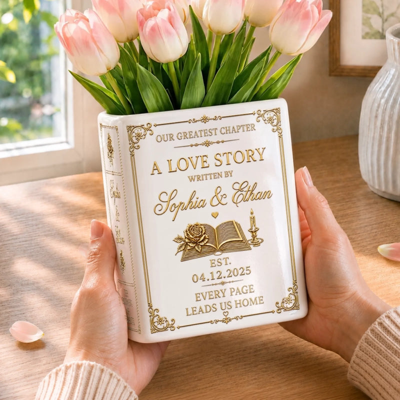 Custom Book Vase - Personalized Anniversary Wedding Gifts For Husband And Wife, Him And Her - Pages Of Us