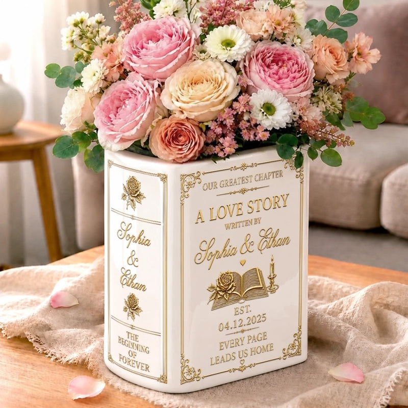 Custom Book Vase - Personalized Anniversary Wedding Gifts For Husband And Wife, Him And Her - Pages Of Us