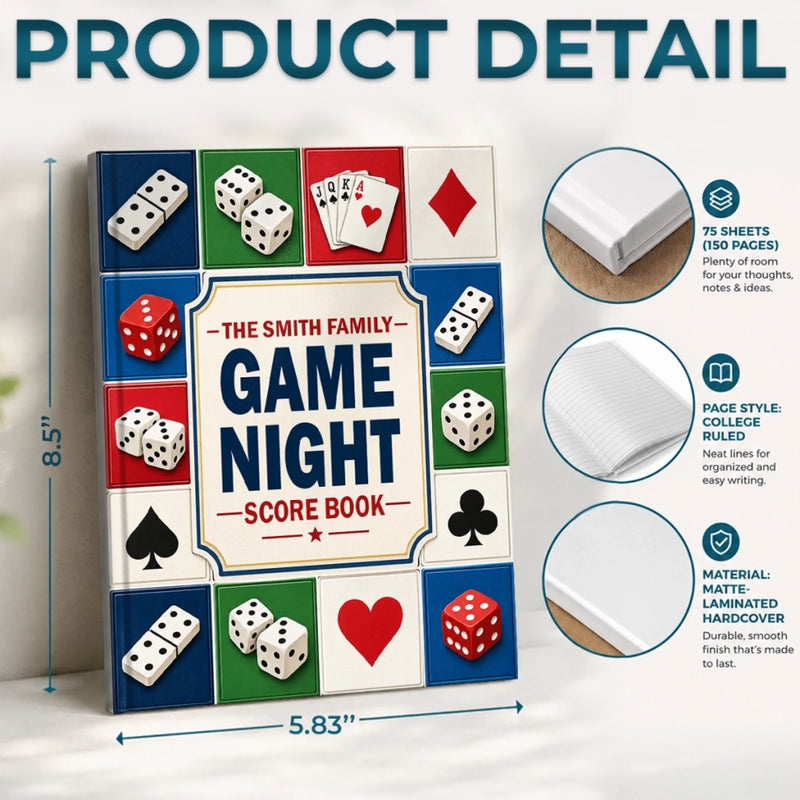 Custom Game Night Hardcover Journal - Personalized Birthday Gifts For Mom, Dad, Brother, Sister - Card And Dice Score Tracker