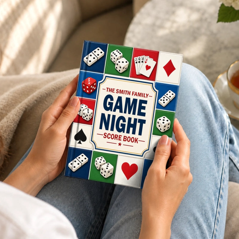 Custom Game Night Hardcover Journal - Personalized Birthday Gifts For Mom, Dad, Brother, Sister - Card And Dice Score Tracker