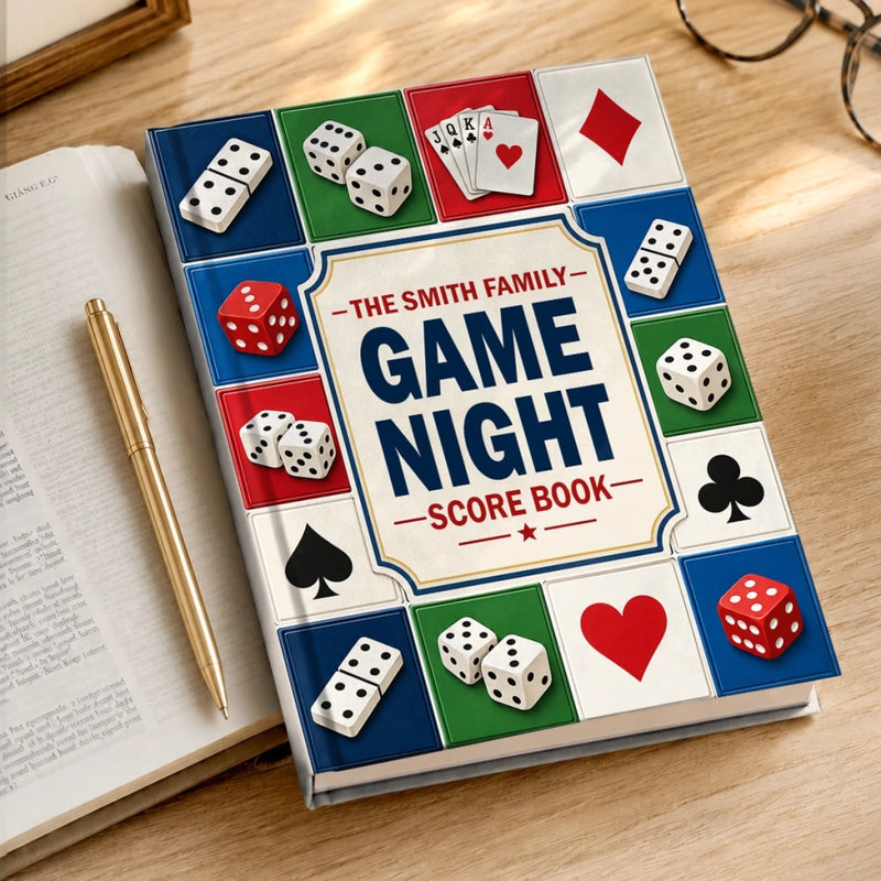 Custom Game Night Hardcover Journal - Personalized Birthday Gifts For Mom, Dad, Brother, Sister - Card And Dice Score Tracker