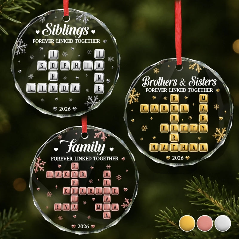 Custom Scrabble Circle Glass Ornament - Personalized Christmas Birthday Gifts For Mom, Dad, Brother, Sister - Love Keeps Our Family Together