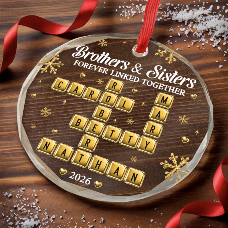 Custom Scrabble Circle Glass Ornament - Personalized Christmas Birthday Gifts For Mom, Dad, Brother, Sister - Love Keeps Our Family Together