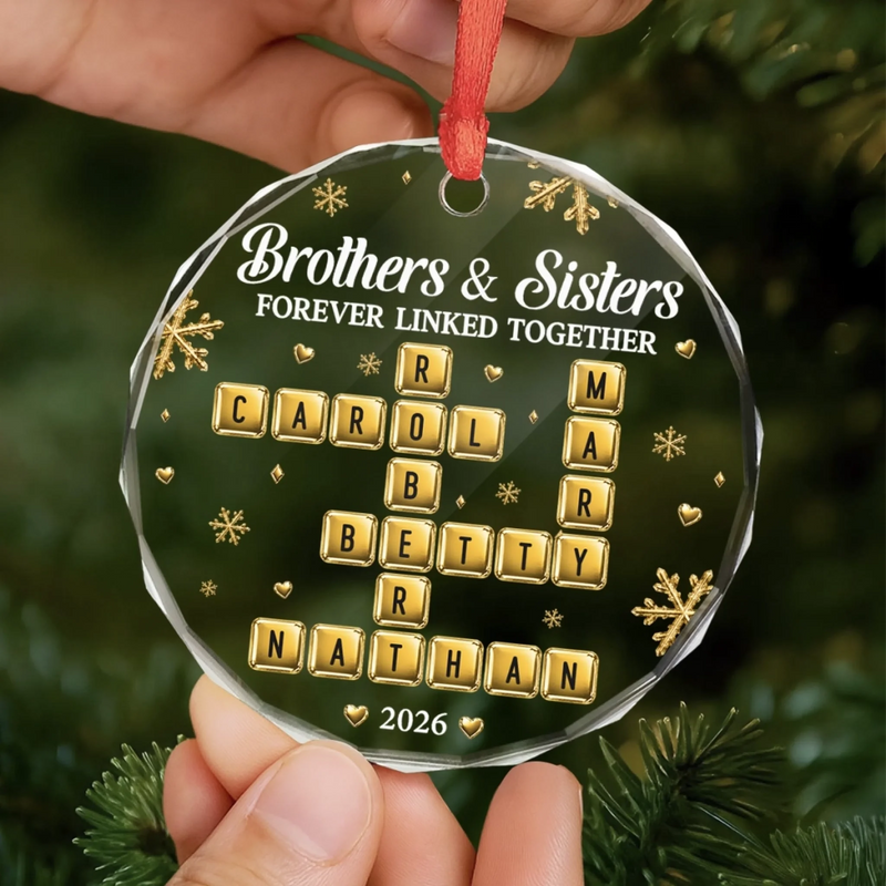 Custom Scrabble Circle Glass Ornament - Personalized Christmas Birthday Gifts For Mom, Dad, Brother, Sister - Love Keeps Our Family Together
