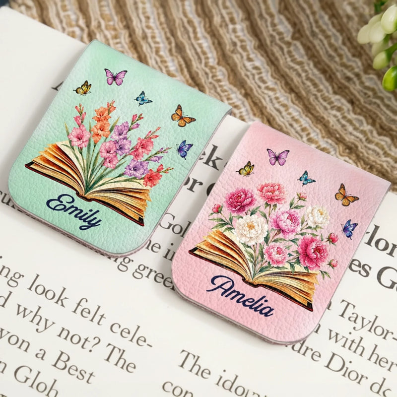 Custom Leather Magnetic Bookmark - Personalized Bookish Gifts For Book Lovers, Bookworms, Readers - Floral Bookish Bliss
