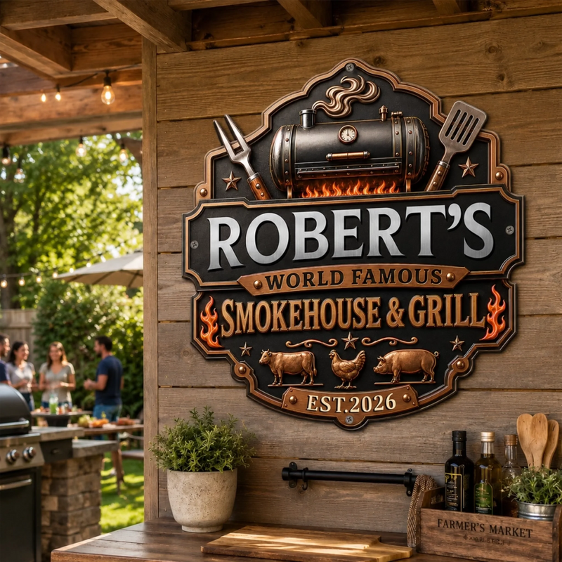 Custom BBQ Shaped Metal Sign - Personalized Grilling Gifts For BBQ Lovers, Husband, Son, Grandson, Brother, Grandpa, Dad, Yourself - Fire Up The Fun