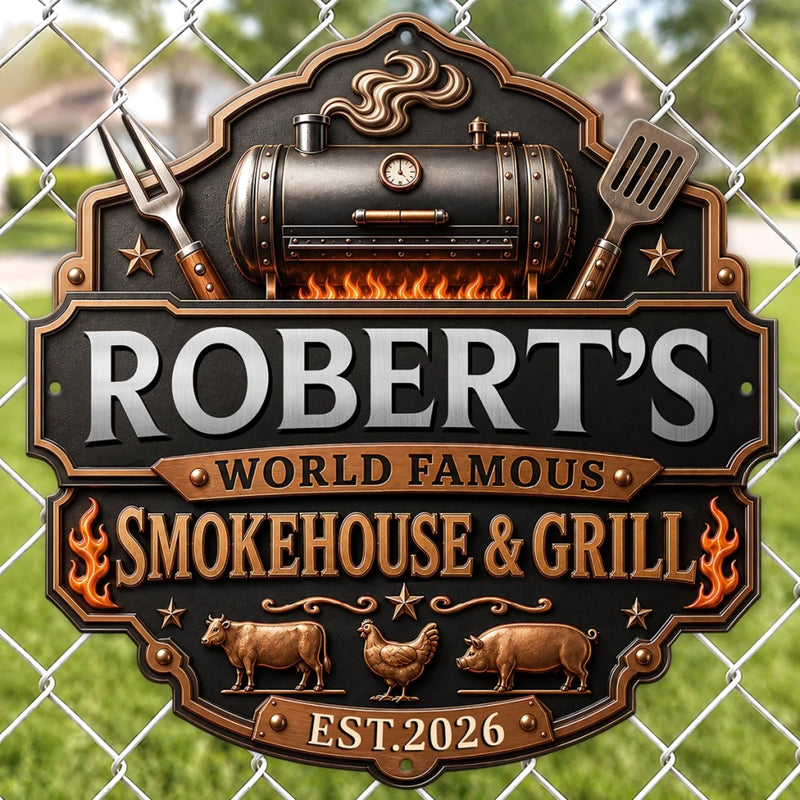 Custom BBQ Shaped Metal Sign - Personalized Grilling Gifts For BBQ Lovers, Husband, Son, Grandson, Brother, Grandpa, Dad, Yourself - Fire Up The Fun