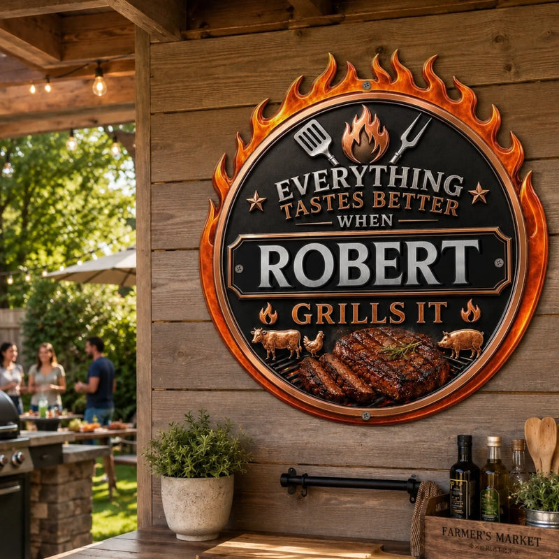 Custom BBQ Shaped Metal Sign - Personalized Grilling Gifts For BBQ Lovers, Husband, Son, Grandson, Brother, Grandpa, Dad, Yourself - Keep Calm And Grill On