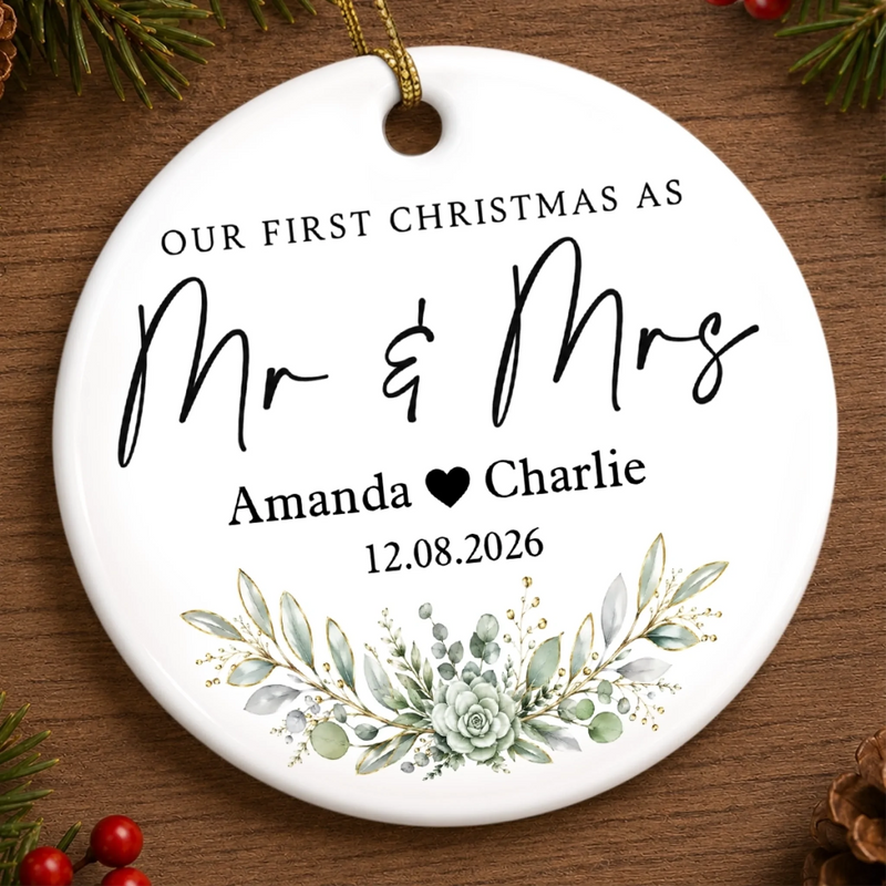 Custom Photo First Christmas Double-Sided Ceramic Ornament - Personalized Anniversary Christmas Wedding Gifts For Husband And Wife, Him And Her - Engaged, Married, Loved
