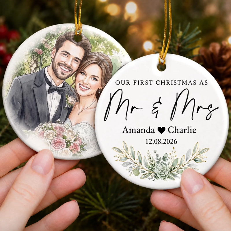 Custom Photo First Christmas Double-Sided Ceramic Ornament - Personalized Anniversary Christmas Wedding Gifts For Husband And Wife, Him And Her - Engaged, Married, Loved