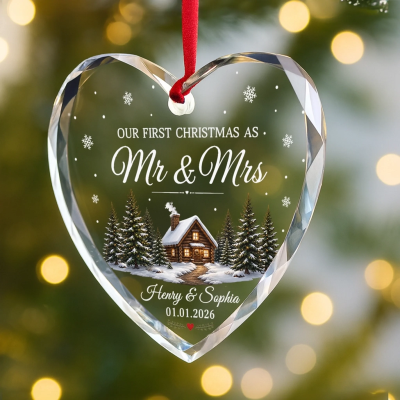 Custom First Christmas Heart Glass Ornament - Personalized Anniversary Christmas Wedding Gifts For Husband And Wife, Him And Her - Mr And Mrs Christmas