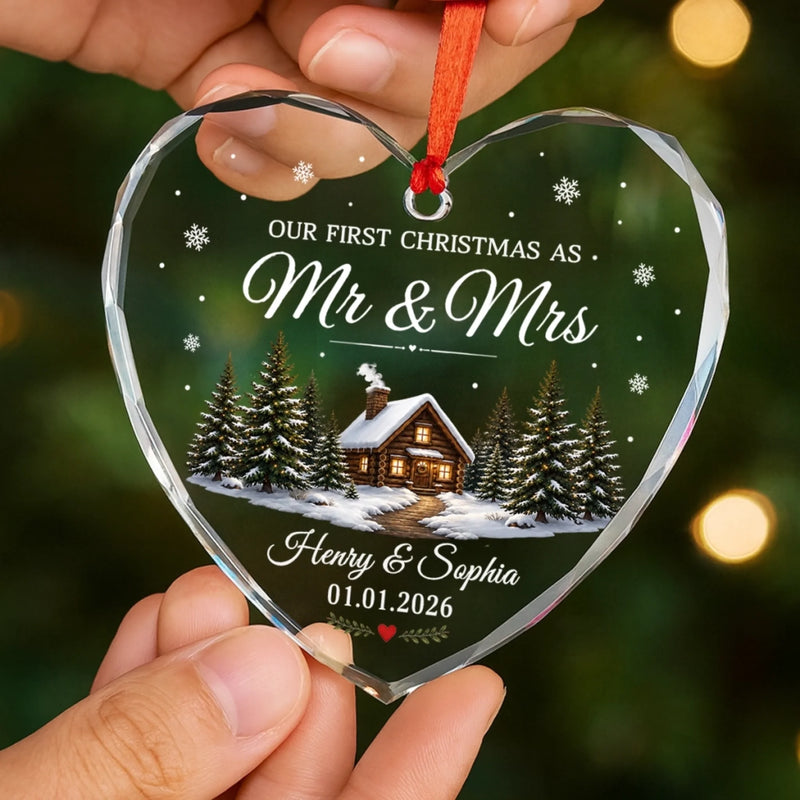 Custom First Christmas Heart Glass Ornament - Personalized Anniversary Christmas Wedding Gifts For Husband And Wife, Him And Her - Mr And Mrs Christmas