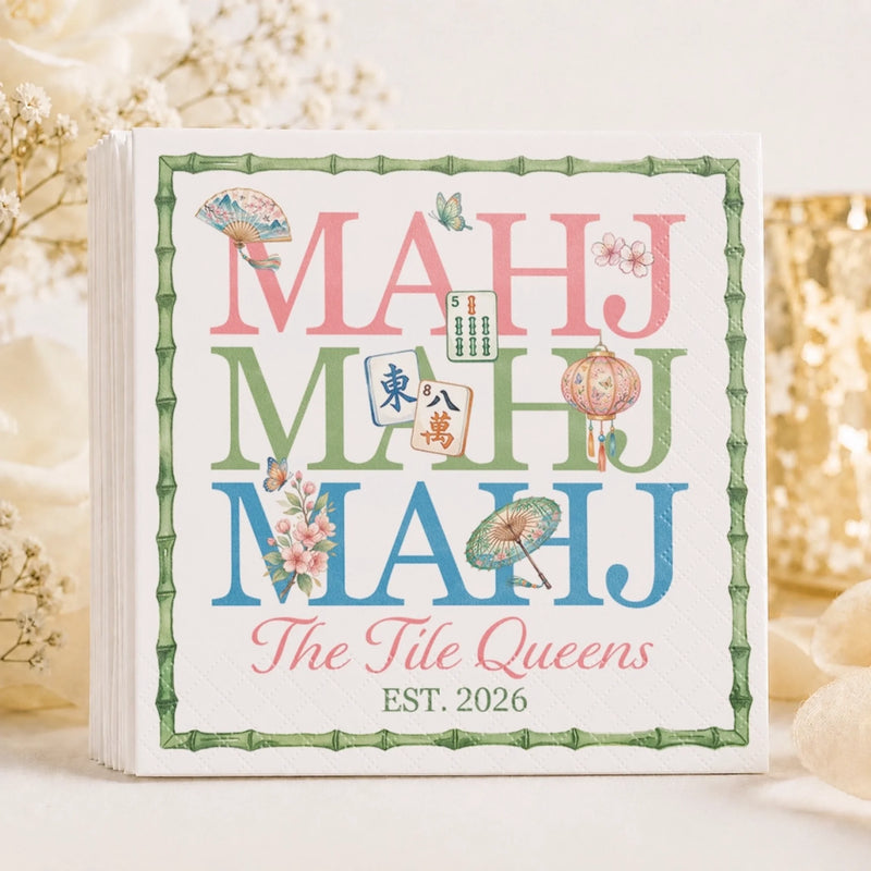 Custom Mahjong Cocktail Napkins - Personalized Birthday Gifts For Mahjong Players, Mom, Dad, Brother, Sister - Good Luck And Great Times