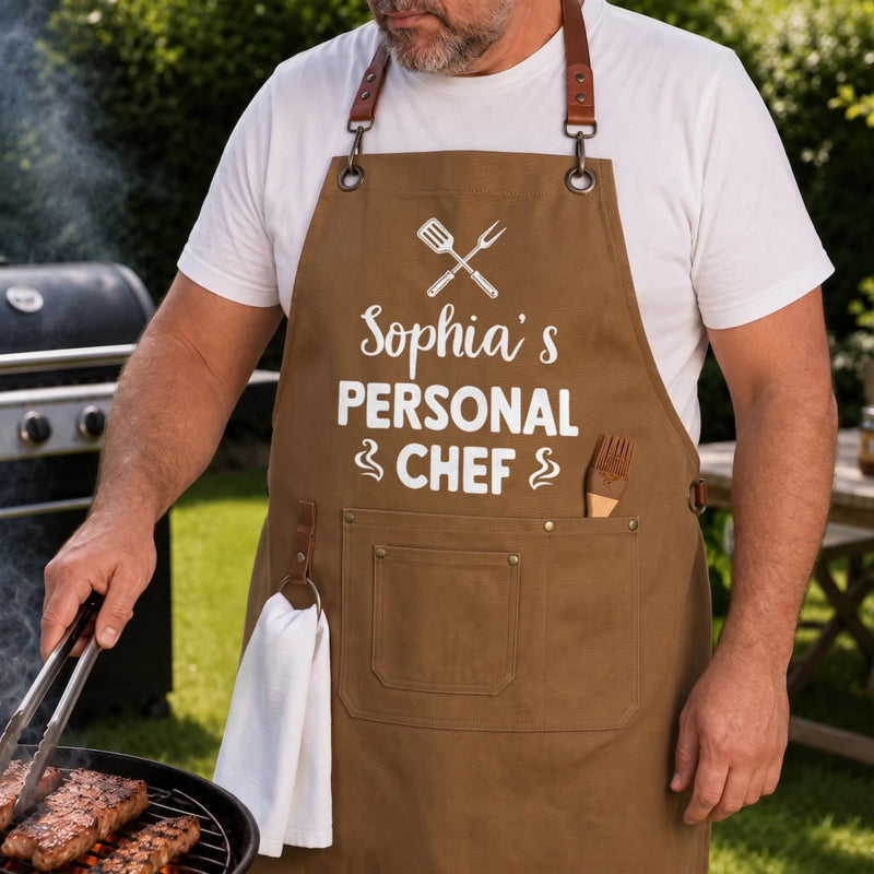 Custom Canvas Apron - Personalized Birthday Gifts For Husband, Son, Grandson, Brother, Grandpa, Dad, Yourself - Powered By Smoke And Fire